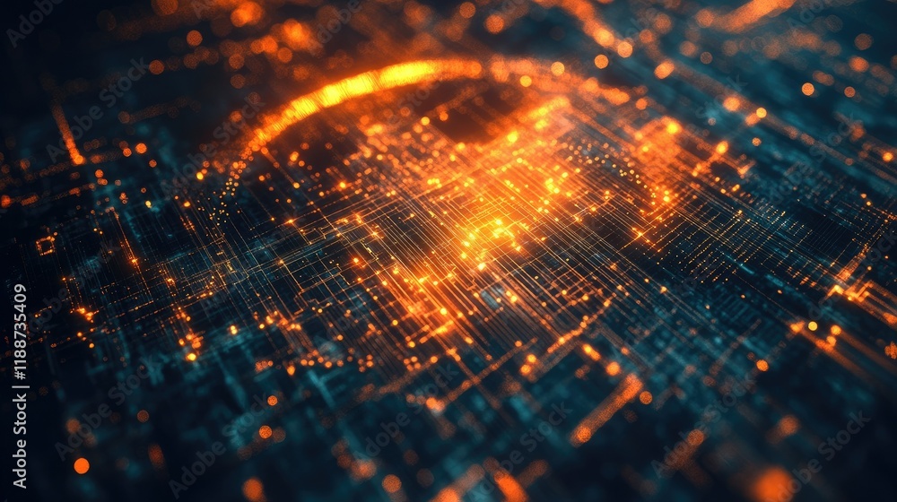 Poster vibrant flame-colored arcs merging with golden lines, surrounded by glowing dots and a subtle grid p