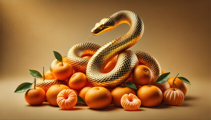 Fototapeta premium A golden snake elegantly coiled around a pile of fresh mandarin oranges with glowing highlights, symbolizing prosperity.