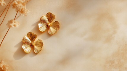 Obraz premium Elegant gold floral earrings on textured beige background