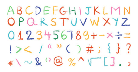 Grunge crayon, colorful pencil, chalk, charcoal texture of latin alphabet and numbers font, along with text symbol vector