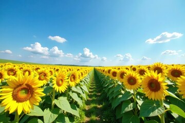 Fototapeta premium Endless rows of sunflowers, cloudless blue sky above, sunny, bloom