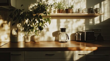 A bright kitchen with natural light highlighting the wooden counter and ceramic accents.