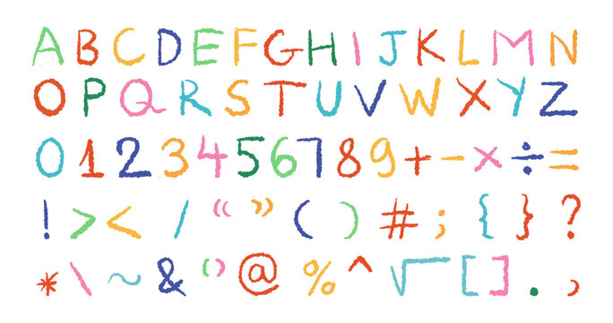 Grunge crayon, colorful pencil, chalk, charcoal texture of latin alphabet and numbers font, along with text symbol vector