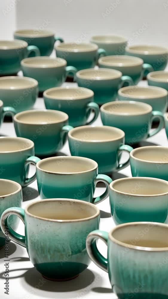 Poster collection of teal ceramic cups arranged in a neat pattern on a white surface during a display or ma