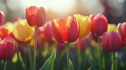 Obraz premium Colorful tulip flowers in shades of red and yellow stand proudly in a garden. The warm sunlight bathes them in a golden glow, highlighting their delicate petals