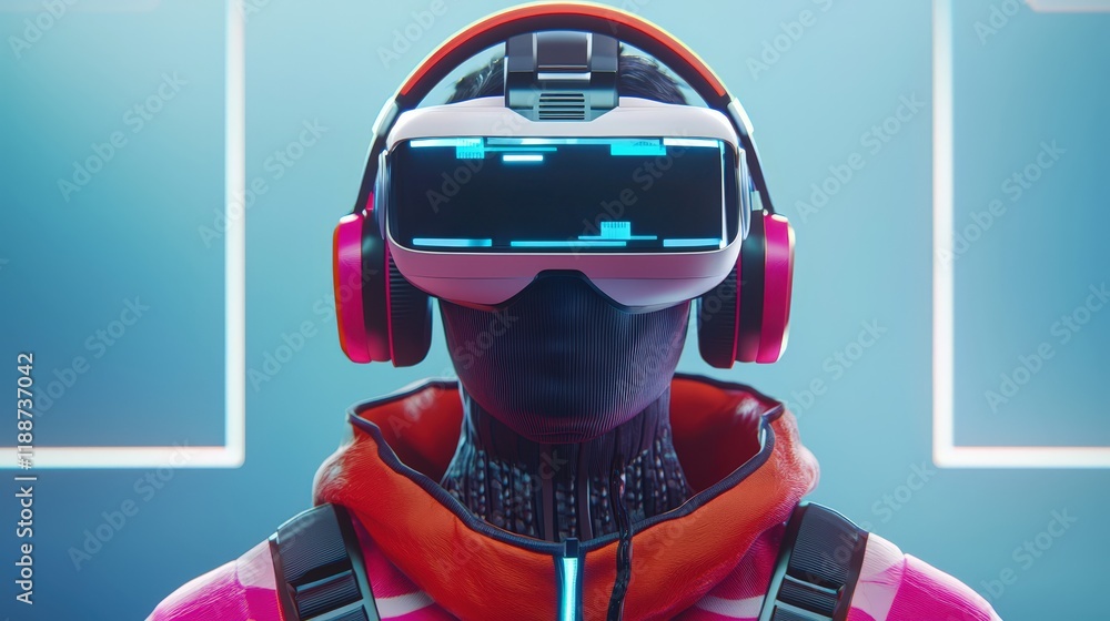 Poster a gamer using a colorful headset while immersed in a virtual reality environment.