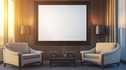 Modern Living Room with Elegant Chairs and Blank Frame on Wall