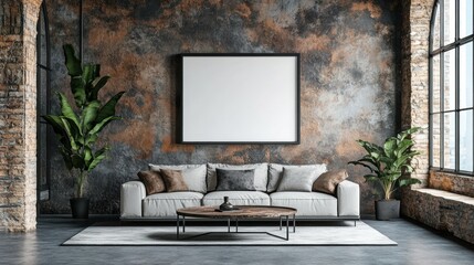 Modern Living Room with Stylish Couch and Empty Frame on Wall