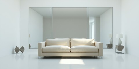 Modern Minimalist Living Room Interior Design with Beige Sofa and Large Mirrors