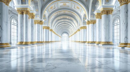 Elegant interior of a grand hall with marble pillars and arches