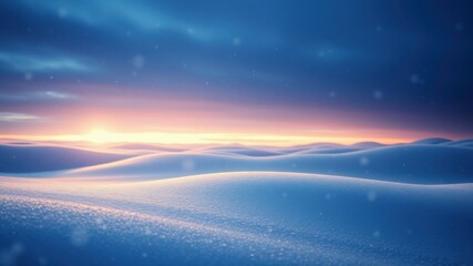 Fototapeta premium Serene Winter Landscape at Sunset with Gently Rolling Snowdrifts and Falling Snow