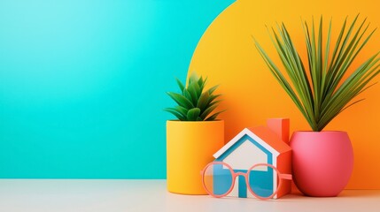 Obraz premium A vibrant display of potted plants and a miniature house against a bright backdrop, creating a cheerful and modern decor vibe.