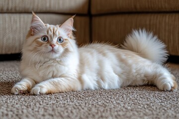 Obraz premium A cream-colored cat lies on the carpet, resting with its tail raised and paws spread out