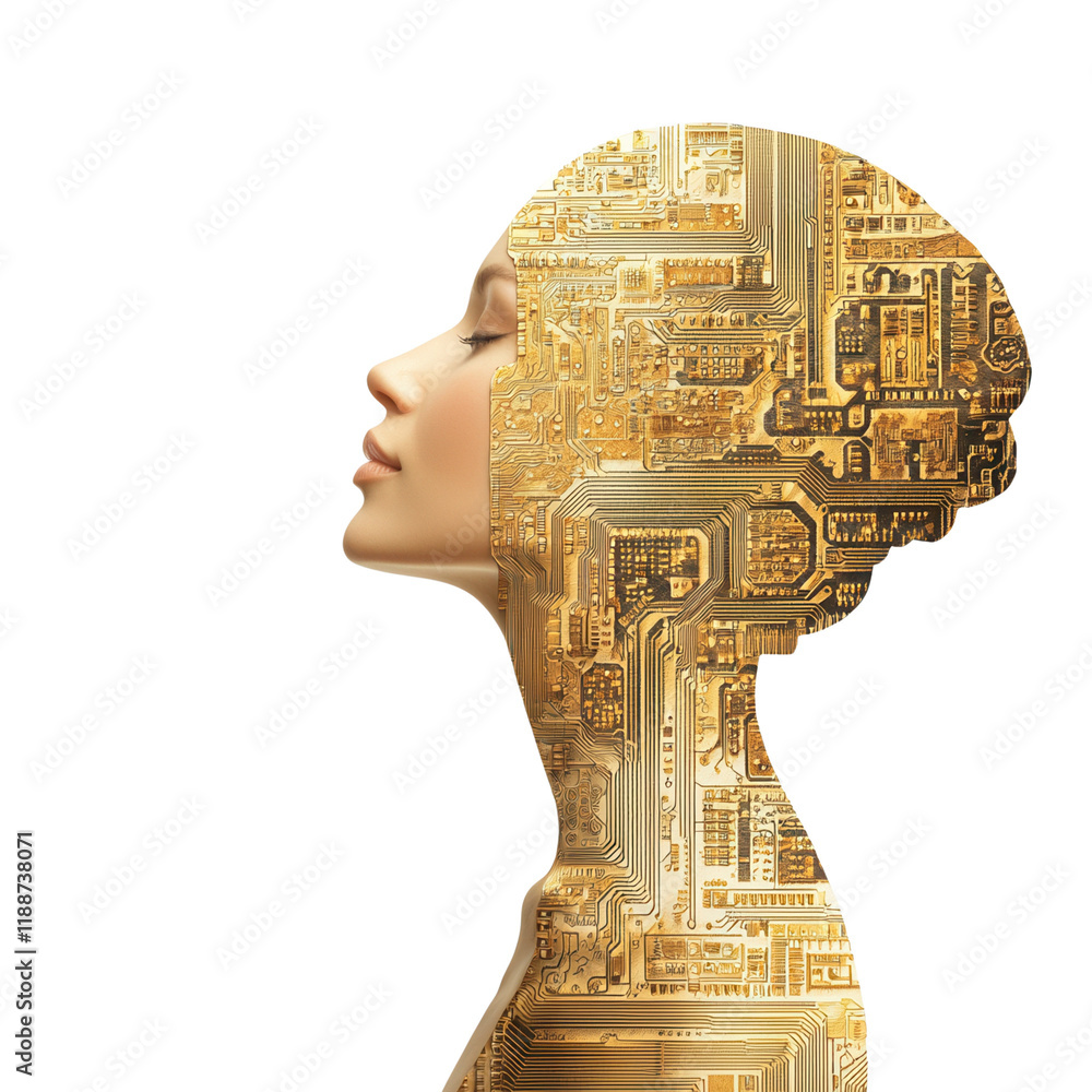 Poster a profile of a woman is intricately designed with golden circuit patterns, symbolizing the fusion of