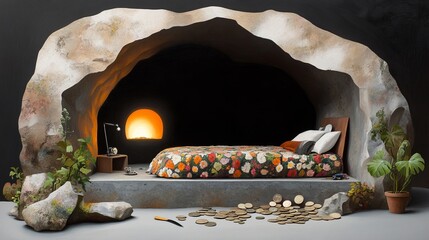 Fototapeta premium Cozy cave-inspired bedroom interior with floral bedding, soft lighting, decorative plants, and a warm sunset view, designed for relaxation and creativity.