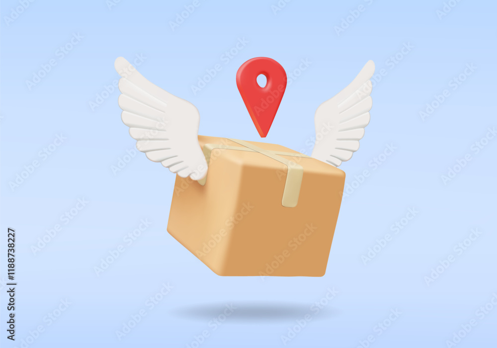 Poster 3d vector render illustration of a parcel box icon with white wings and a red location pin symbol on