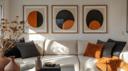 Modern Living Room with Earthy Tones and Abstract Wall Art