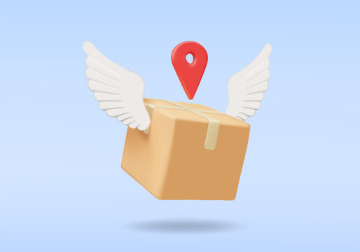 3D vector render illustration of a parcel box icon with white wings and a red location pin symbol on top. It conveys the concept of fast and accurate delivery of parcels to the specified location.