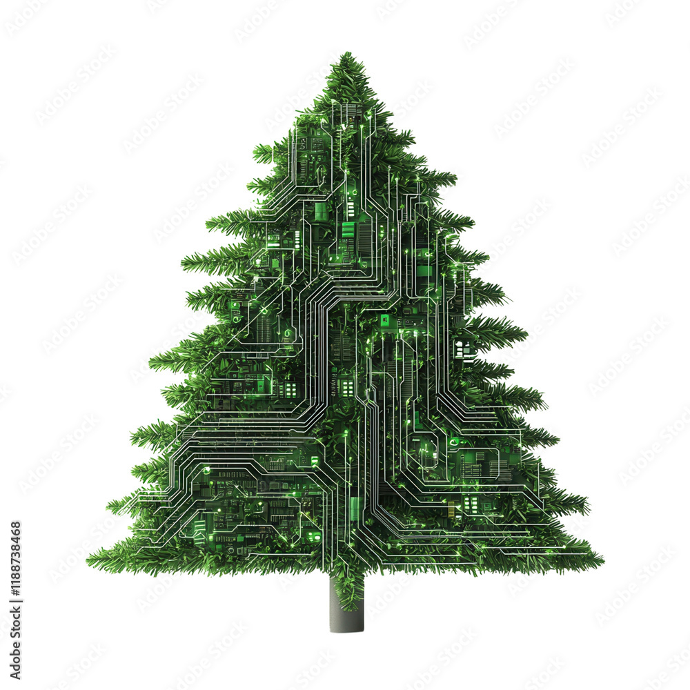 Poster a digital tree designed with circuit patterns, merging nature with technology in a striking visual r