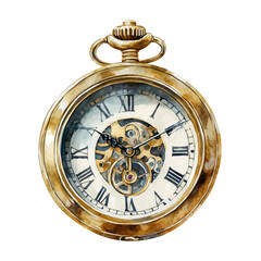 A watercolor vector painting of a vintage pocket watch, isolated on a white background. Vintage pocket watch vector.

