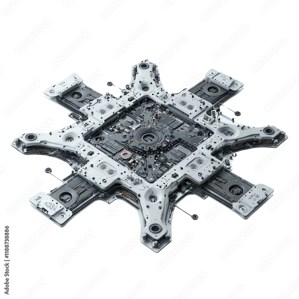 Poster a detailed electronic circuit board resembling a star shape with intricate components and connection