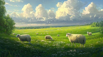Obraz premium Peaceful Pastoral Scene Sheep Grazing in Sunny Meadow Under Fluffy Clouds