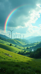 Fototapeta premium A serene landscape with a rainbow over a green valley where sustainable energy wind turbines are installed against majestic mountains.