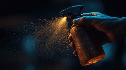 A close-up of hands holding a spray bottle, cleaning glass.