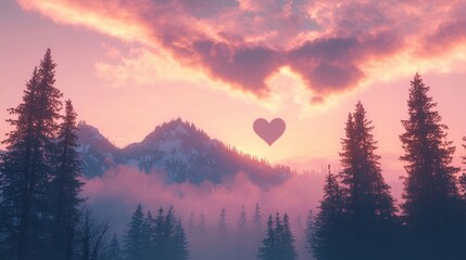 Obraz premium Romantic Pink Sunset Heart Shaped Cloud over Snowy Mountain and Pine Forest