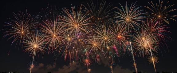 Colorful fireworks bursting in night sky over dark silhouettes.