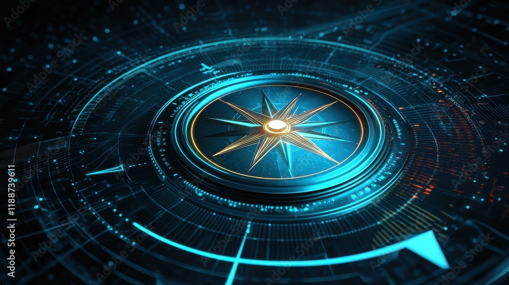 Poster clean compass icon with rays of light symbolizing direction and guidance in a digital style