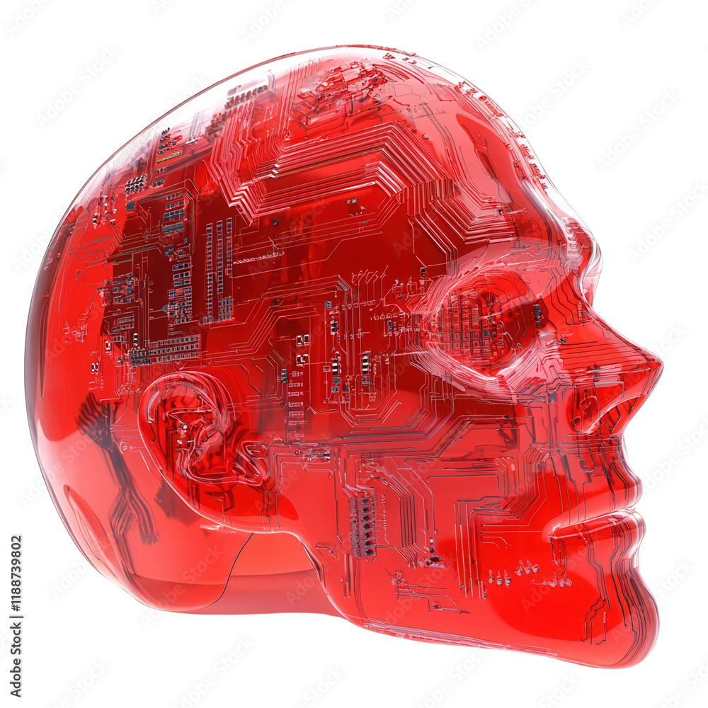 Poster a glossy red head sculpture featuring intricate circuit patterns, symbolizing the fusion of technolo