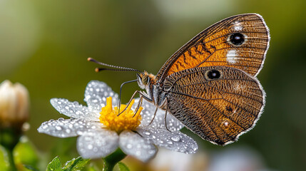 Obraz premium A butterfly sitting on a single flower in full bloom, with dewdrops on the petals and a soft focus background