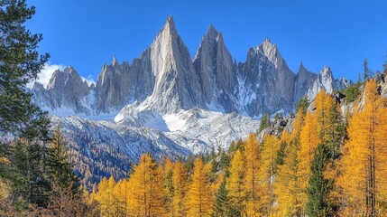 Obraz premium Majestic Snow-capped Mountains with Golden Larch Trees in Autumn