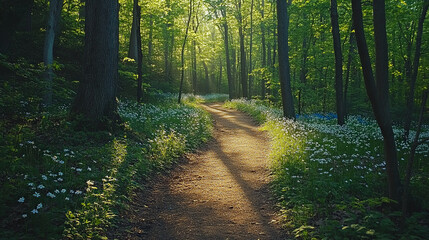 Obraz premium A winding path through a spring forest, with wildflowers blooming along the edges and dappled sunlight casting shadows on the trail
