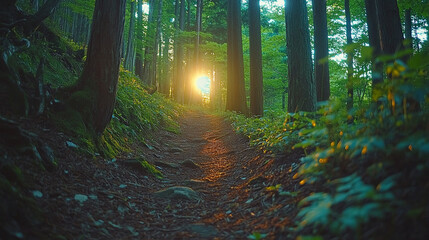 Fototapeta premium forest trail illuminated by the setting sun. The sunlight filters through tall, lush trees, casting long shadows and highlighting vibrant green foliage. 