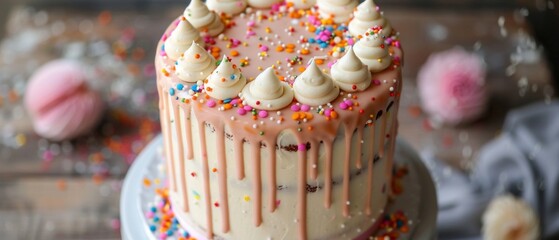 Multilayer cake with cream roses and colourful sprinkles. Great for cookery blogs and articles about festive desserts.