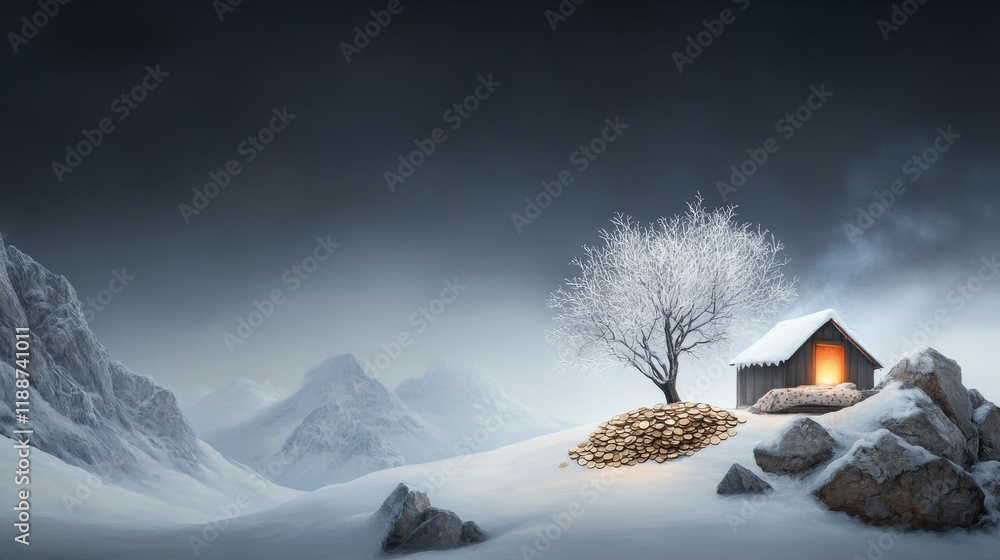 Poster serene winter landscape featuring a cozy cabin surrounded by snow-covered mountains and a frosted tr