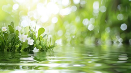 Calm water surface with white flowers on green leaves reflecting in the water. Ideal for design articles about nature, ecology and relaxation.