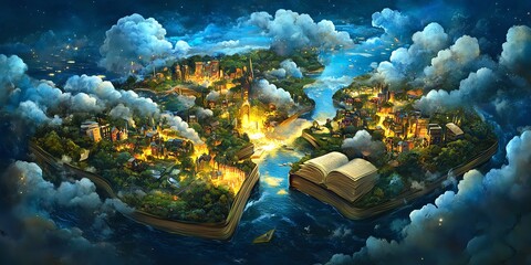 Fantasy landscape emerging from an open book, floating on clouds