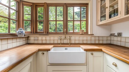 A farmhouse kitchen with an apron sink, wooden counters, and ceramic accents.