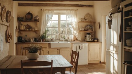 A farmhouse kitchen with an apron sink, wooden counters, and ceramic accents.