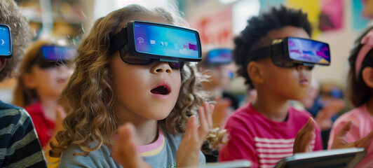 Children experiencing virtual reality in a classroom setting