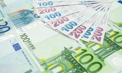 euro currency euro and turkish lira in a row.