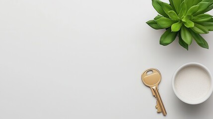 A minimalist scene featuring a golden key, a small white dish, and a green plant on a light surface.