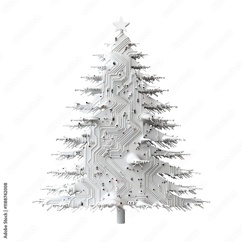 Poster a stylized christmas tree designed with circuit patterns, topped with a star, showcasing a blend of 