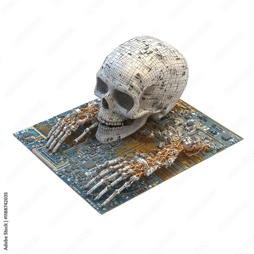 Poster a skull rests on a circuit board, with skeletal hands extended, merging themes of mortality and tech