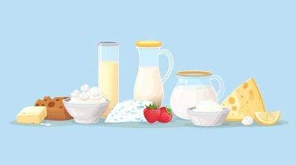 Set of dairy products on blue background. Suitable for healthy eating blogs, cooking sites and food advertising.
