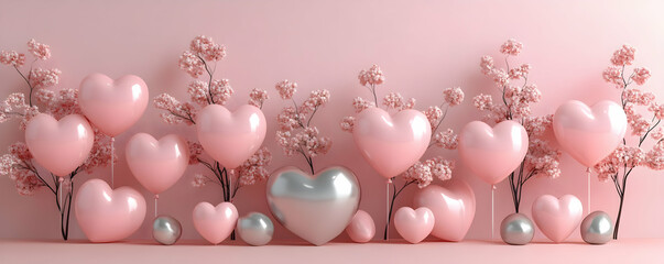 Pink heart balloons, cherry blossoms, romantic