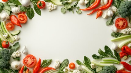 A white background surrounded by colorful vegetables arranged in the shape of an oval, with space for text on one side. The frame is filled with various green and red plants such as tomatoes, peppers,